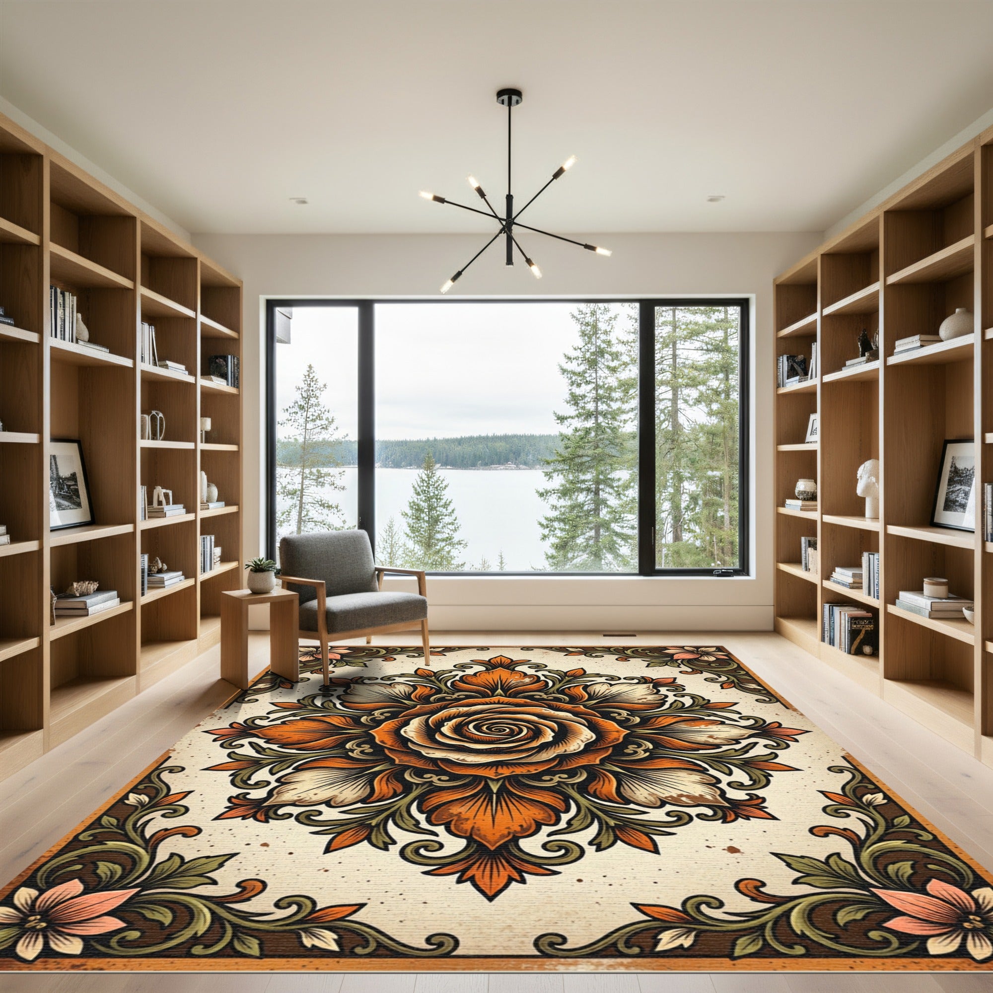 Antique Orange Rose Botanical Medallion Rug