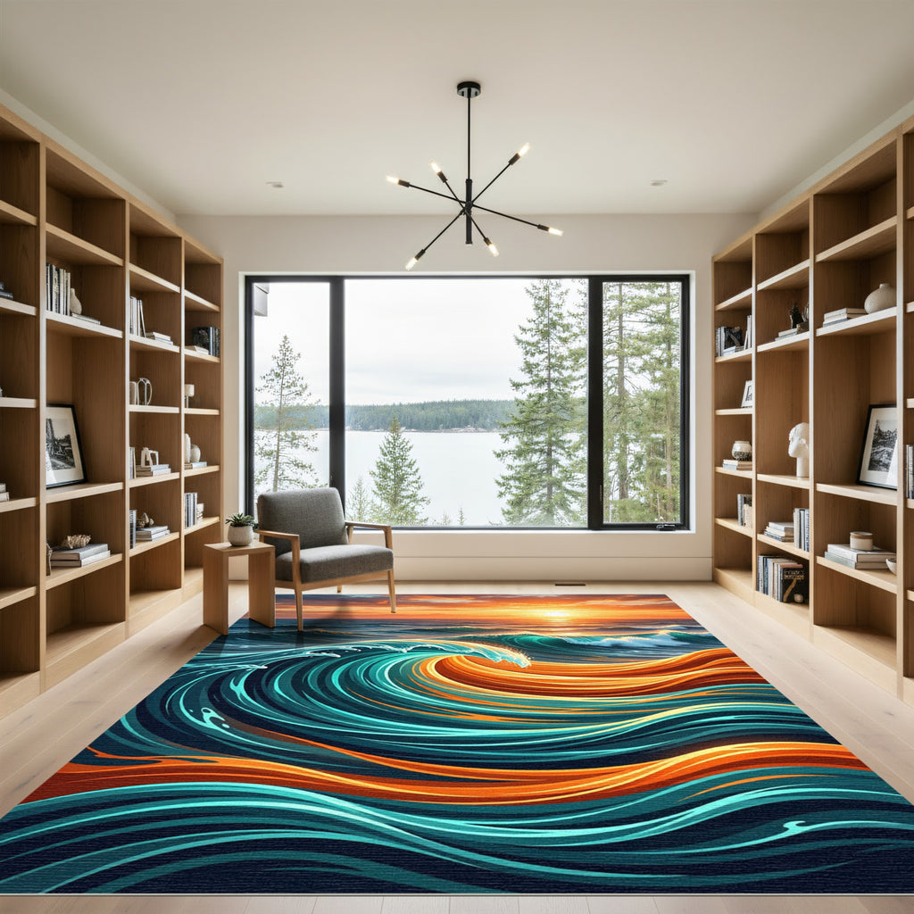 Golden Sunset Ocean Wave Art Rug