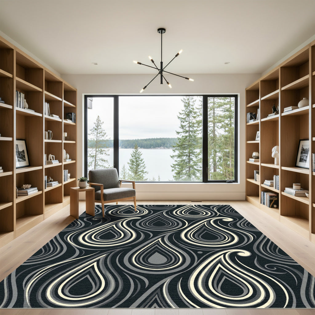 Modern Monochrome Teardrop Swirl Rug