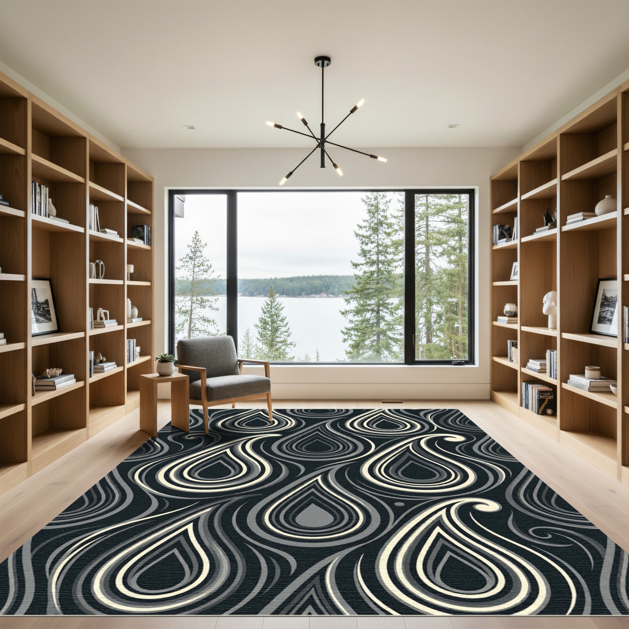 Modern Monochrome Teardrop Swirl Rug