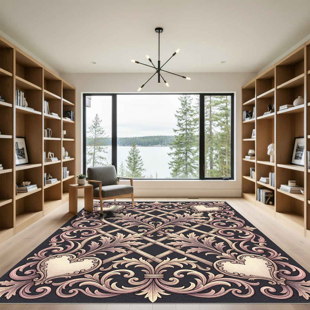 Elegant Cream Heart Scrollwork Rug
