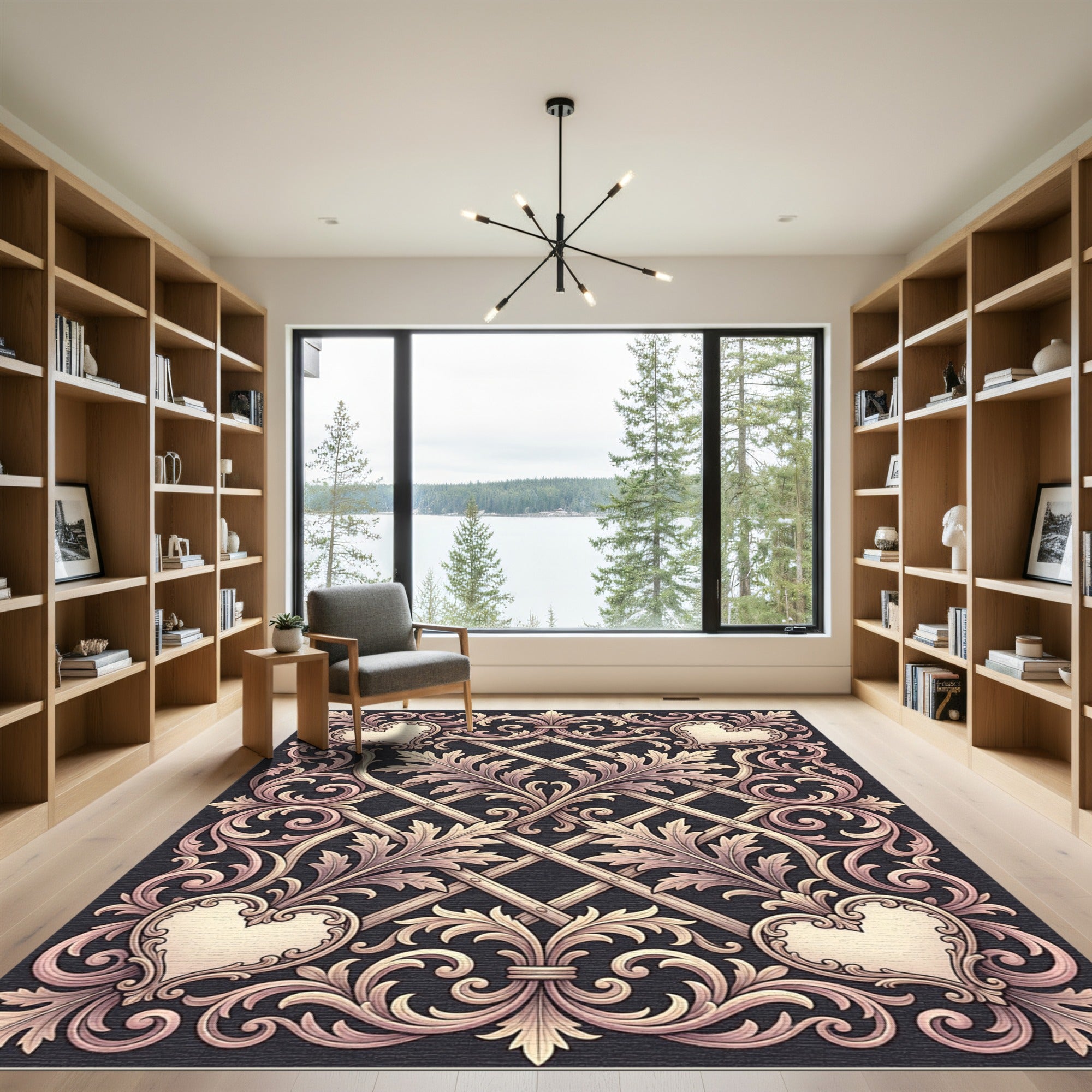 Elegant Cream Heart Scrollwork Rug