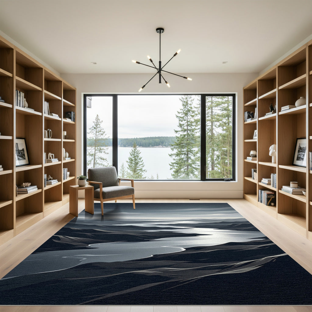 Monochromatic Mountain River Vista Landscape Rug