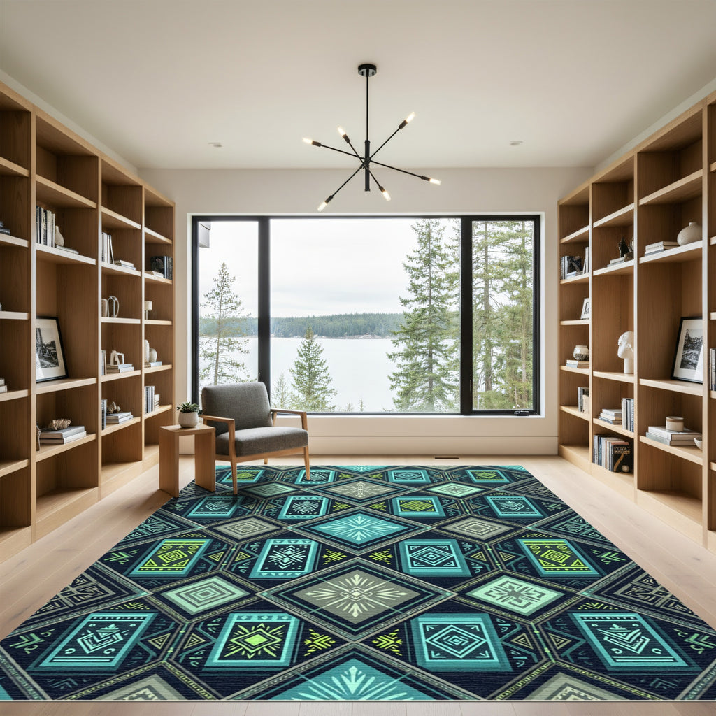 Teal And Lime Geometric Diamond Arrangement Rug