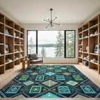 Teal And Lime Geometric Diamond Arrangement Rug