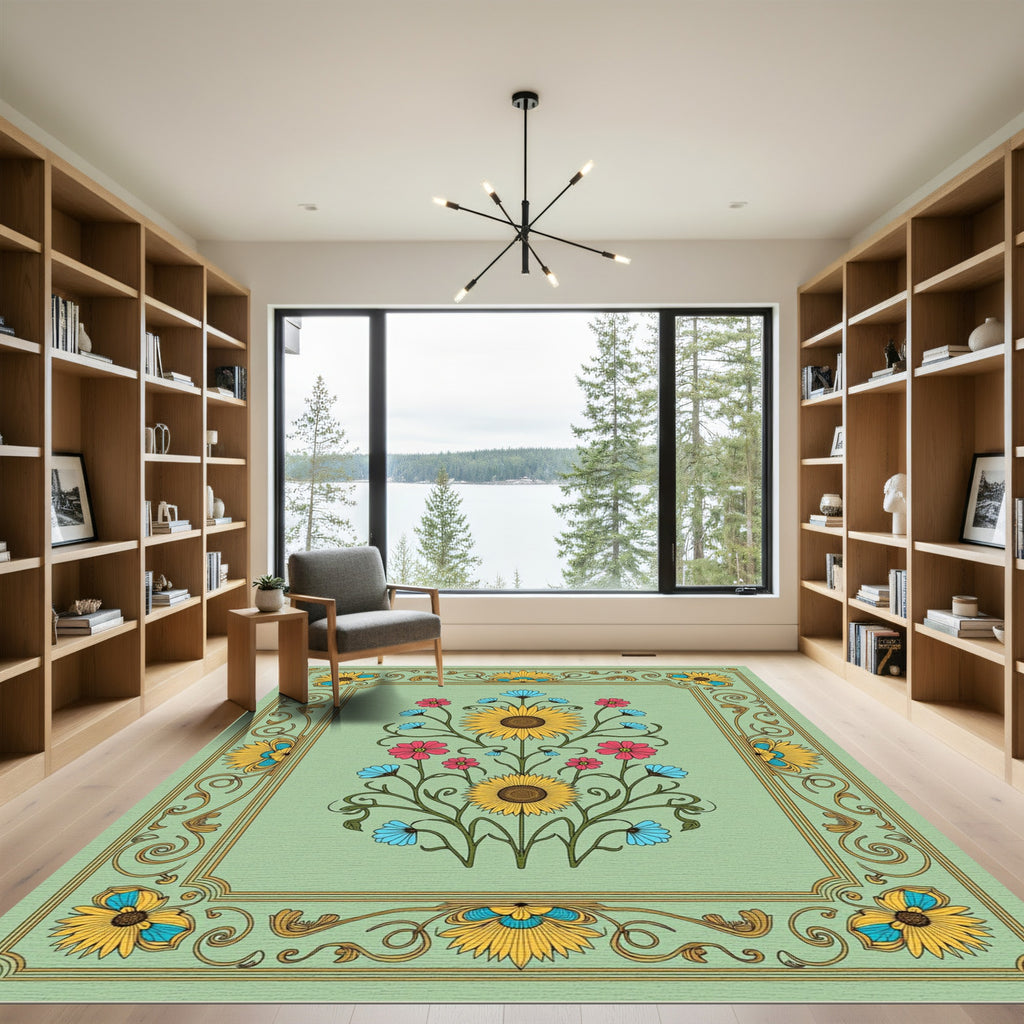 Golden Sunflower Floral Border Rug