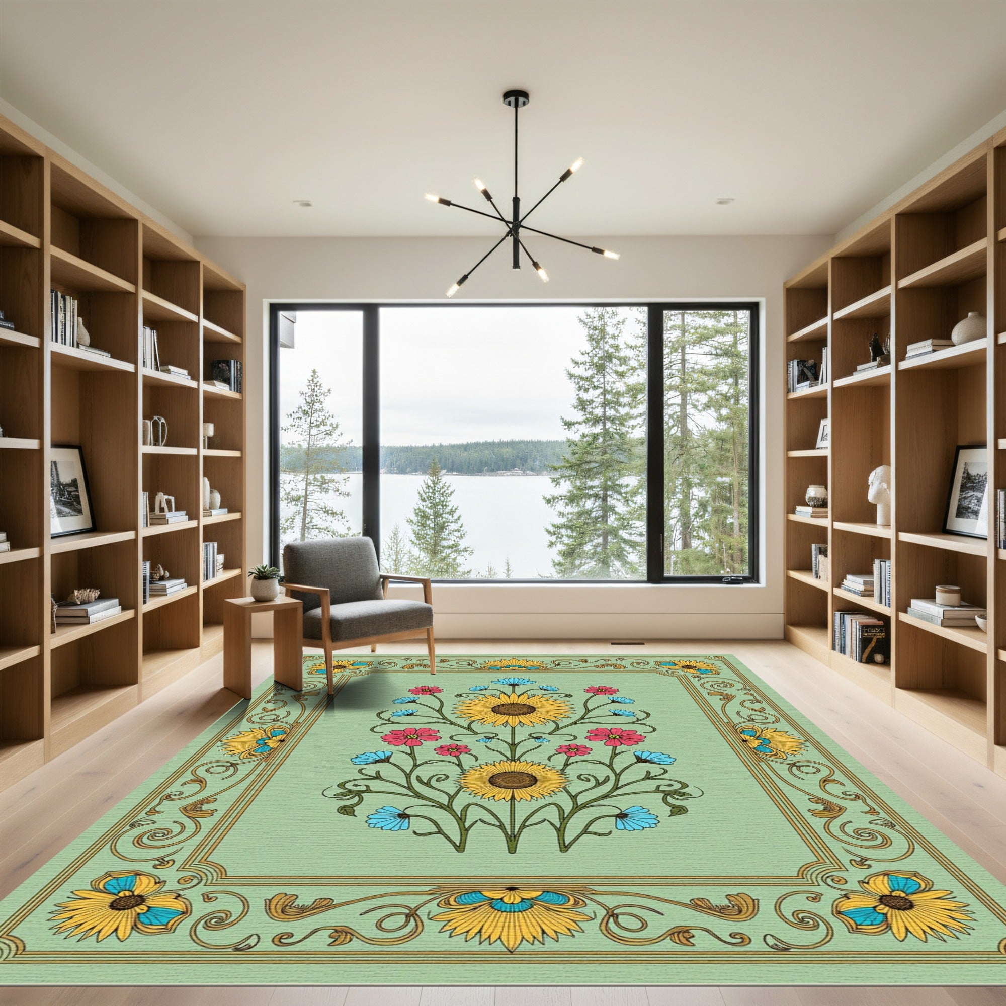 Golden Sunflower Floral Border Rug