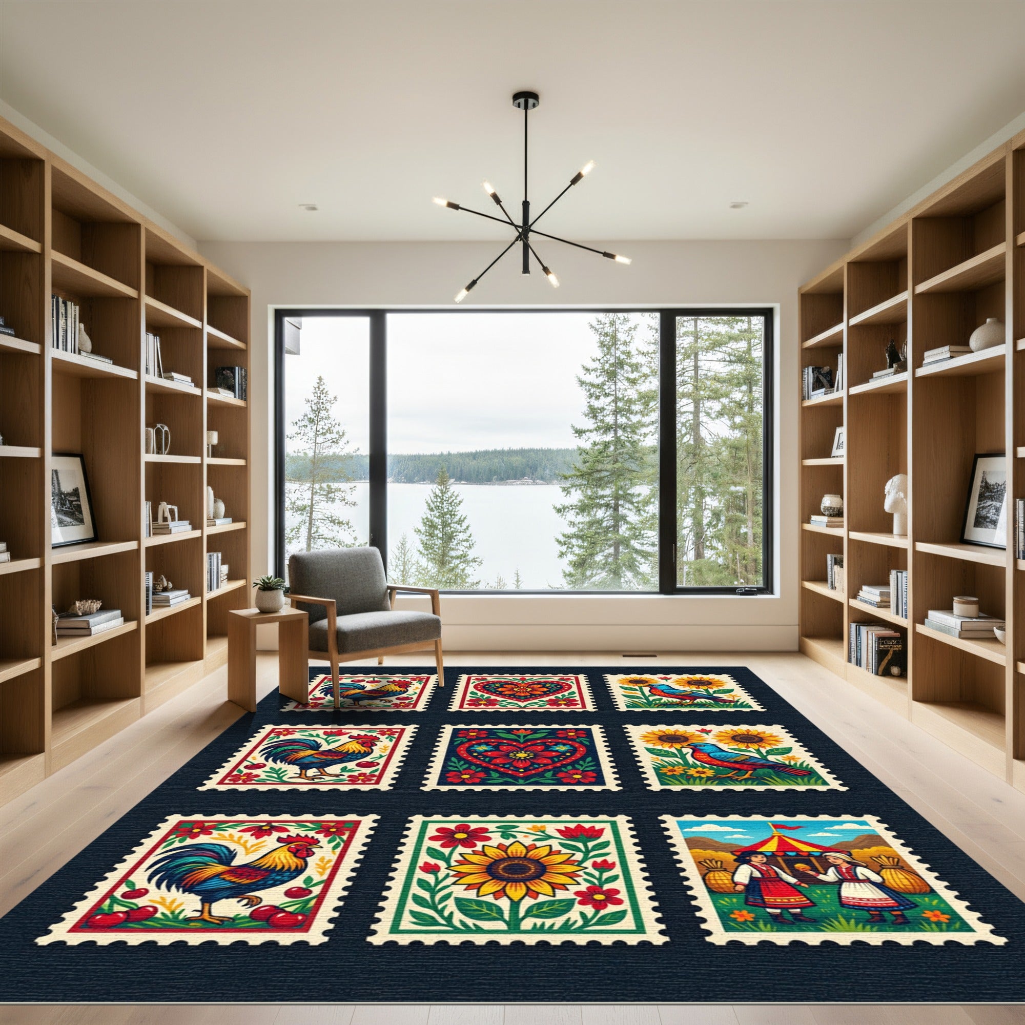 Folk Art Rooster Sunflower Folk Garden Rug