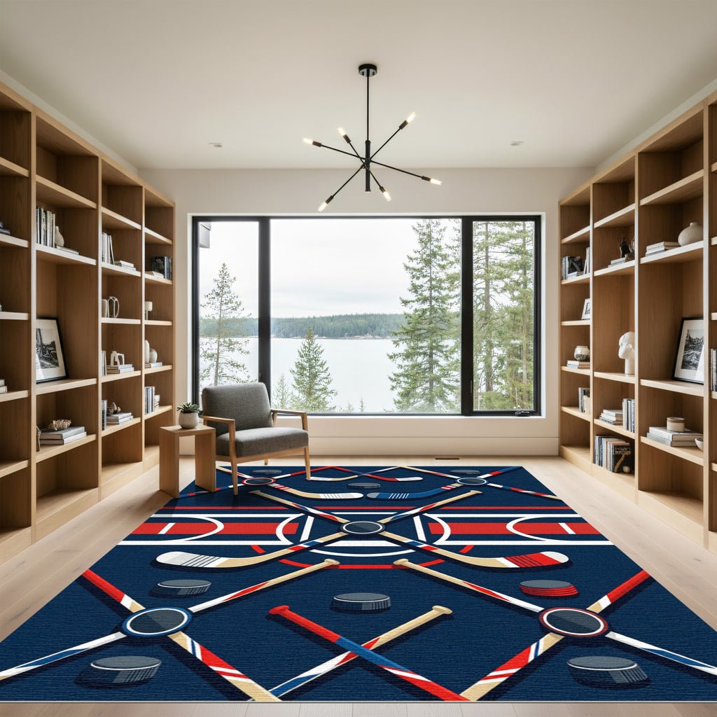 Geometric Navy Red Ice Hockey Abstract Rug