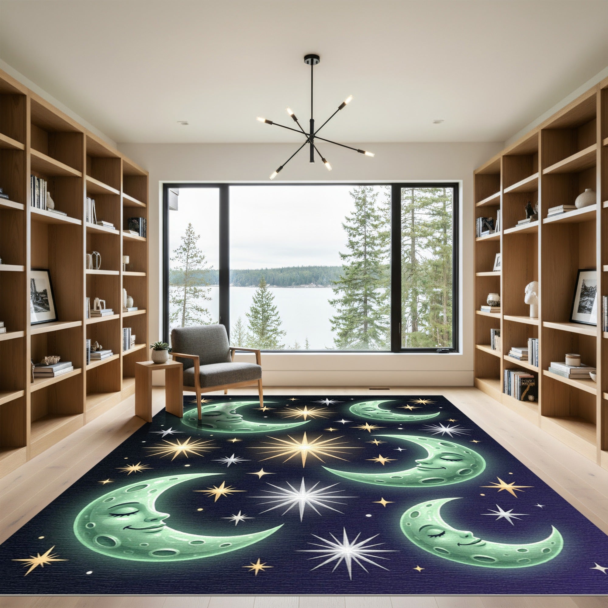 Whimsical Green Moon Stars Rug