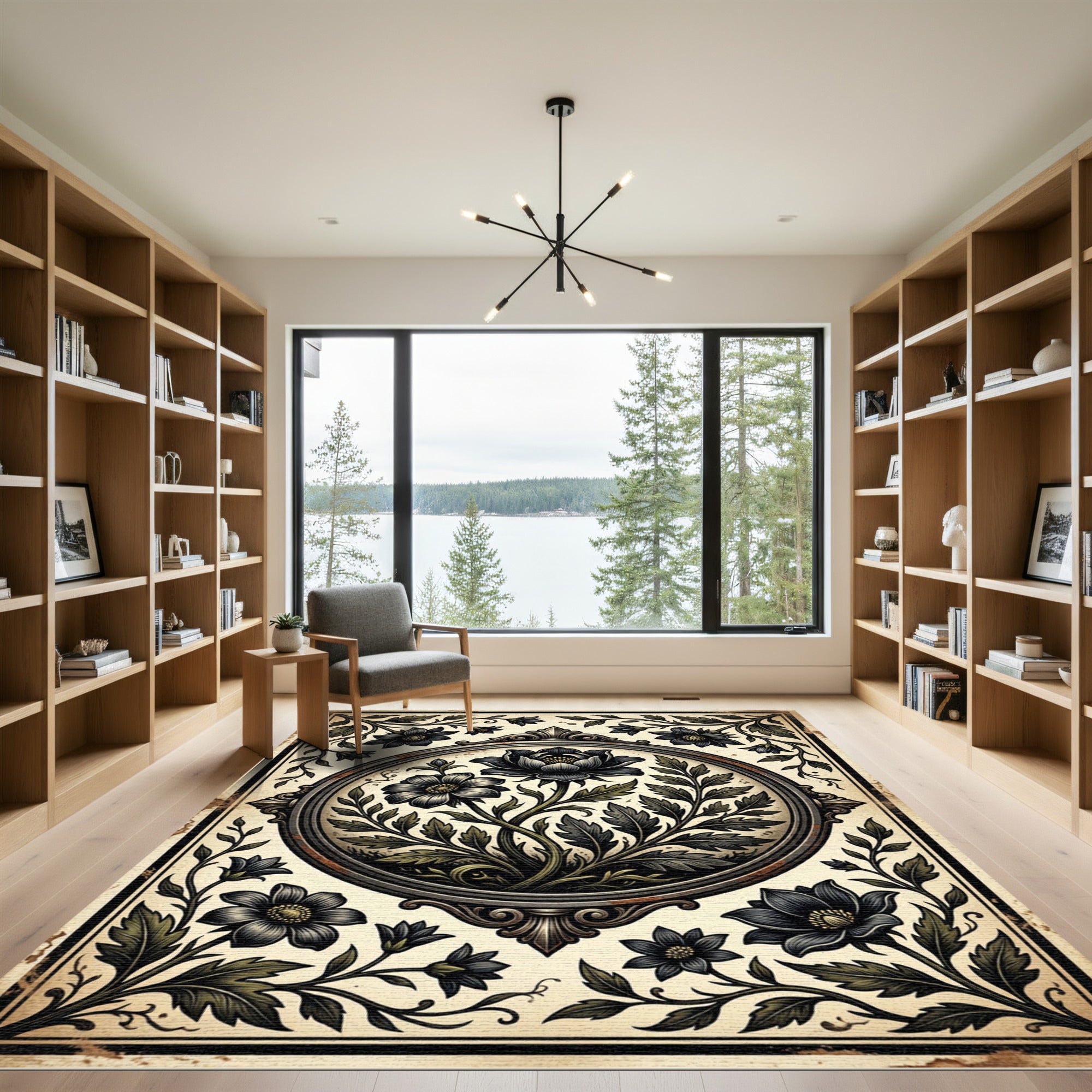 Vintage Black Floral Botanical Medallion Rug