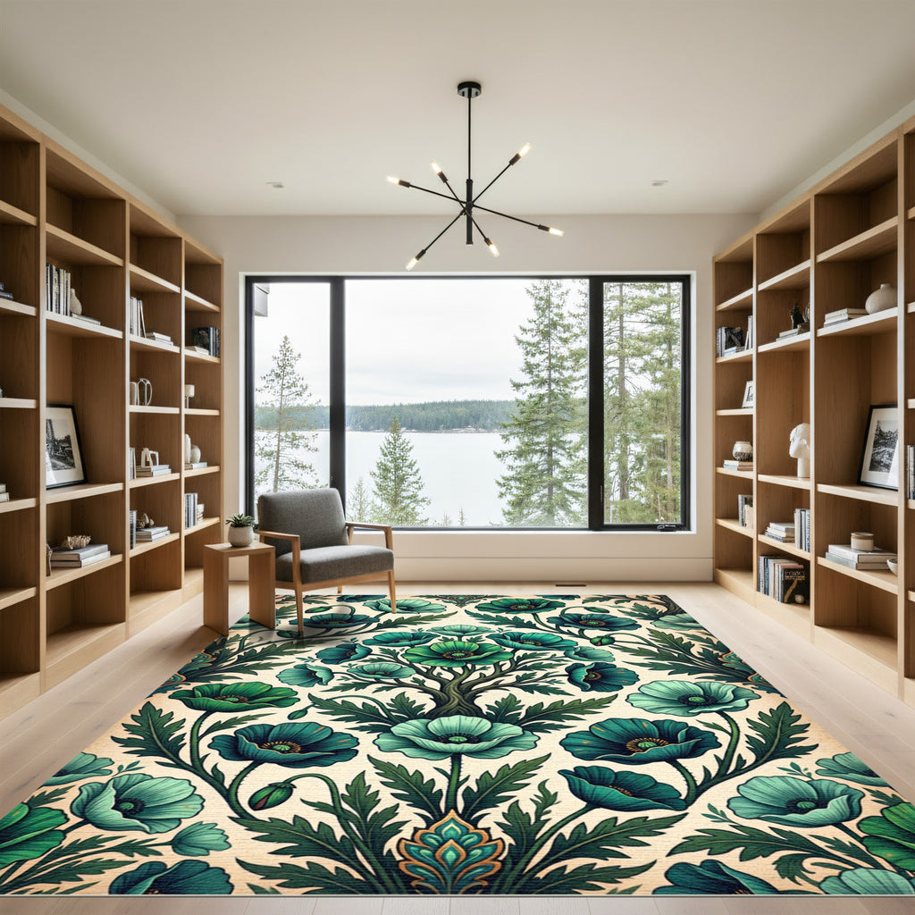 Emerald Teal Poppy Garden Tree Rug
