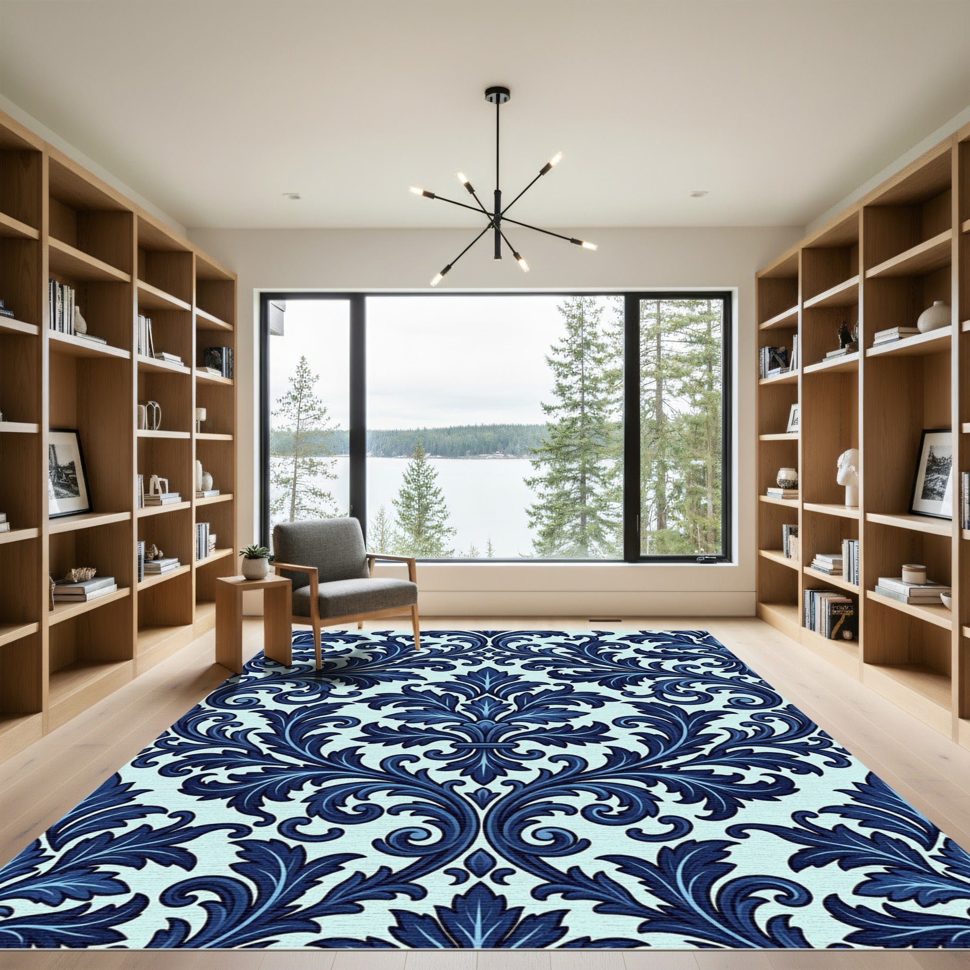 Deep Blue Floral Damask Sweep Rug