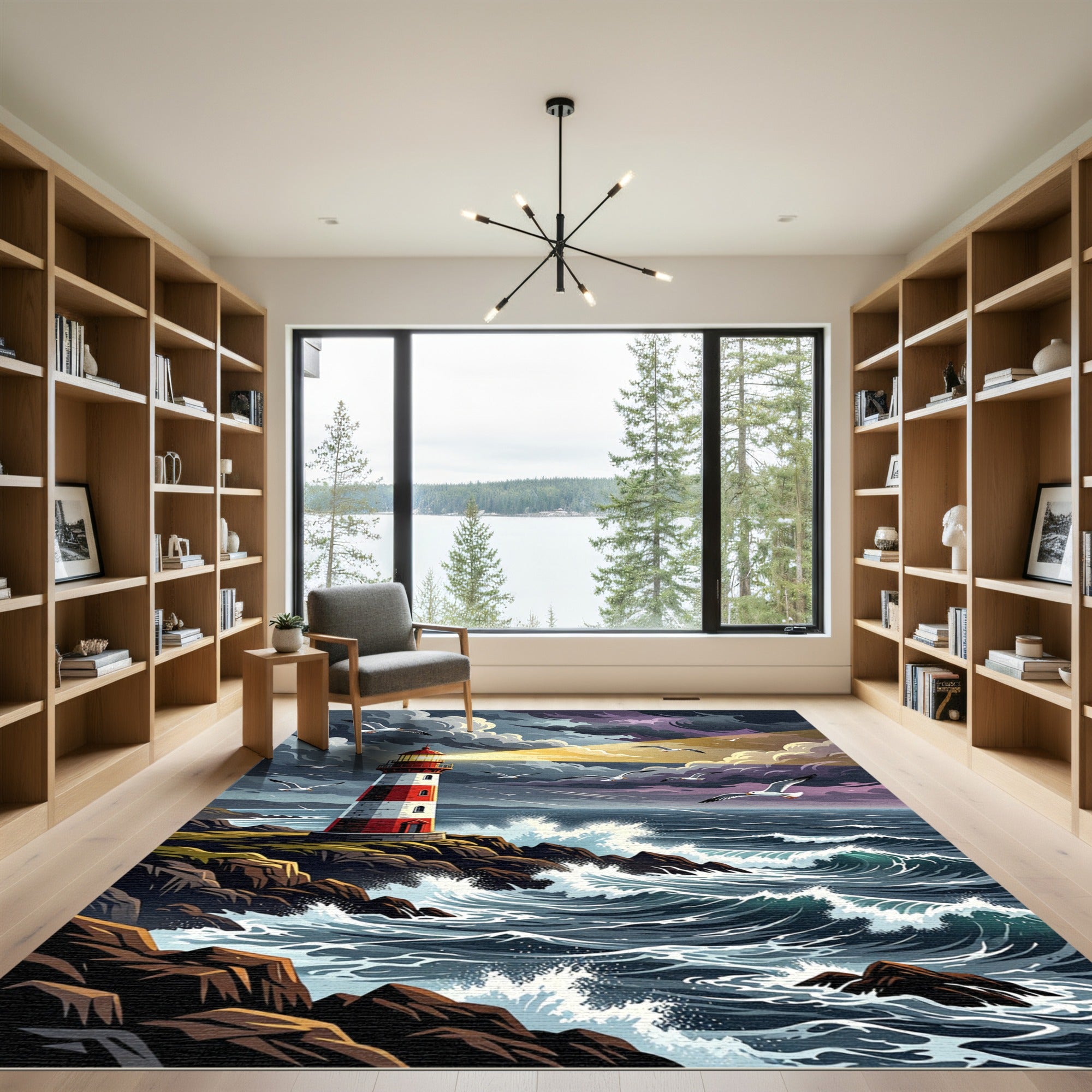 Dramatic Lighthouse Coastline Ocean Scene Rug