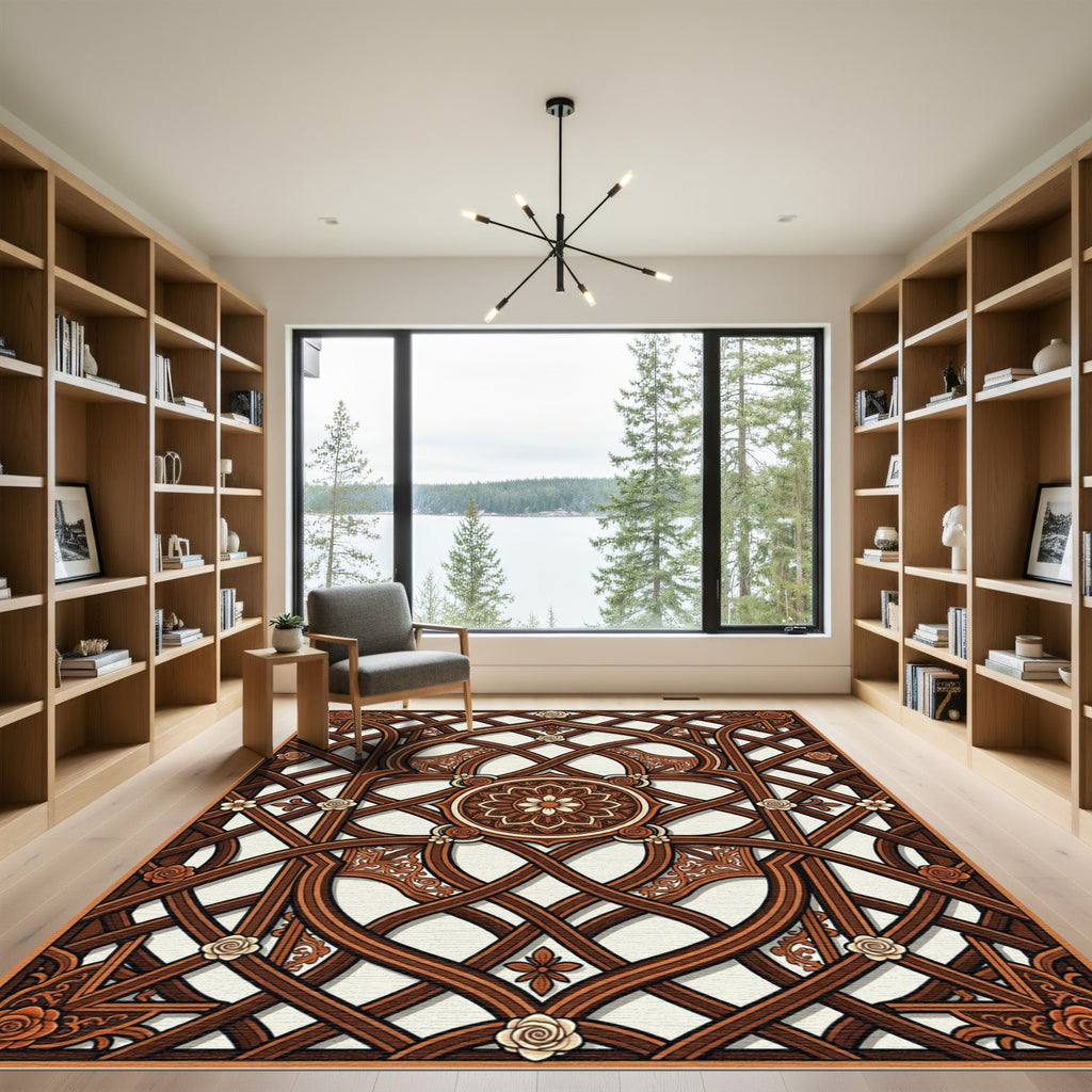Ornate Walnut Lattice with Floral Medallion Rug