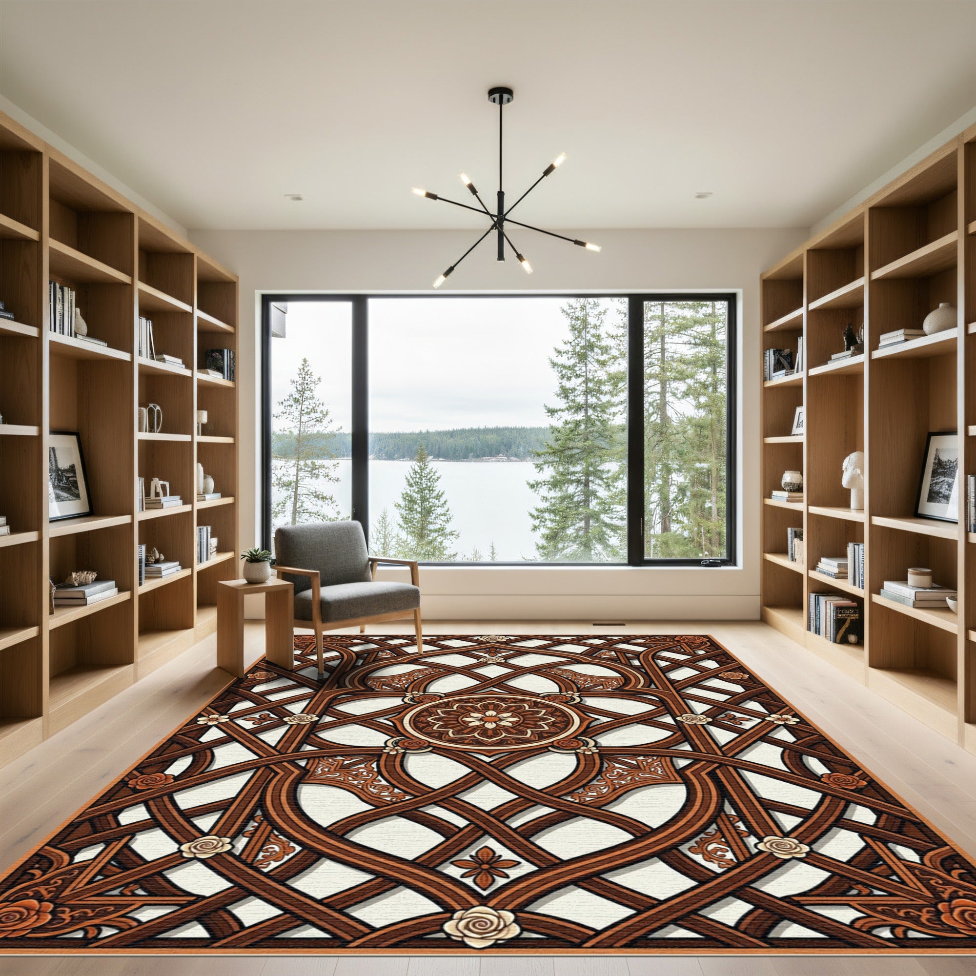 Ornate Walnut Lattice with Floral Medallion Rug