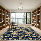 Cream Floral Blooms Dark Navy Border Rug