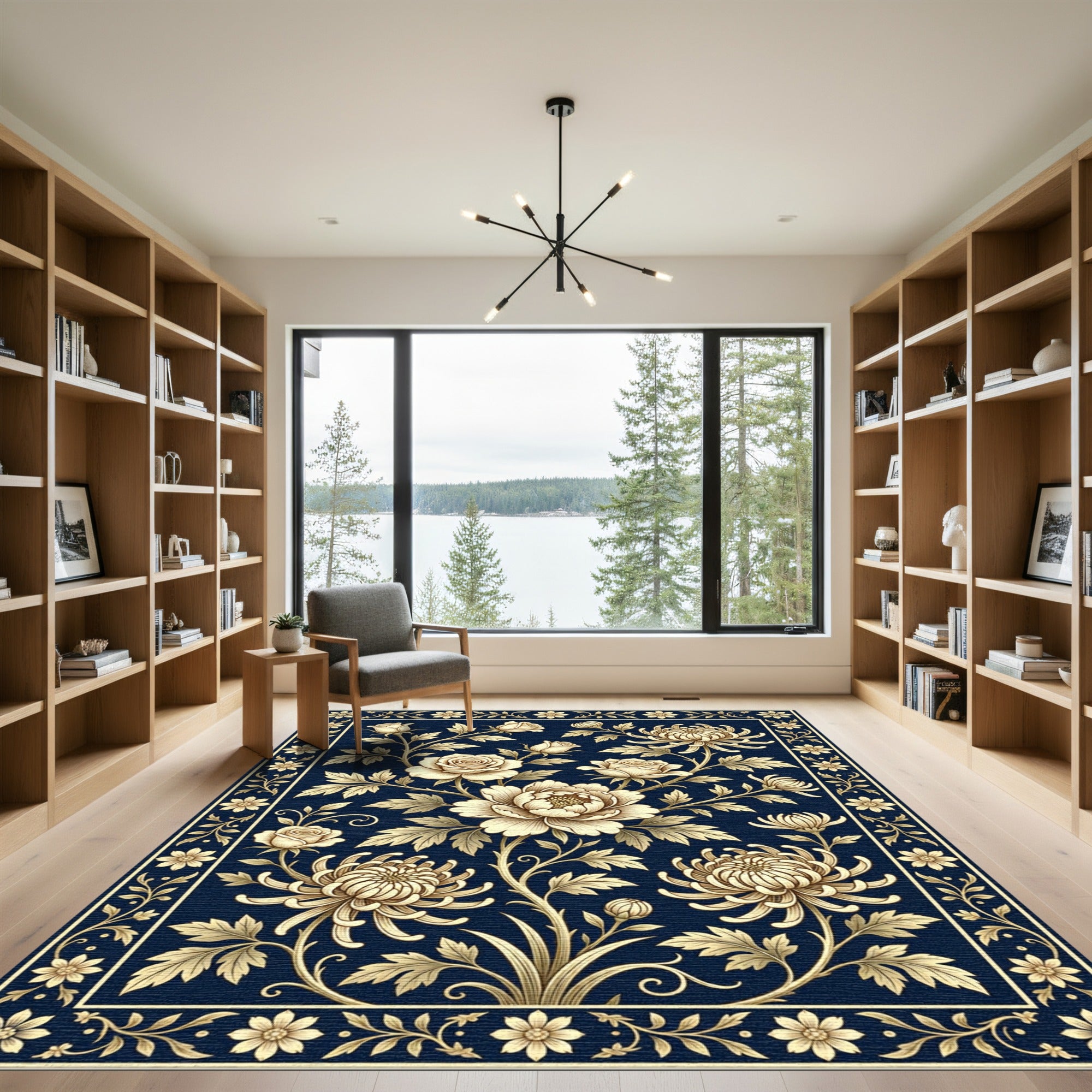 Cream Floral Blooms Dark Navy Border Rug