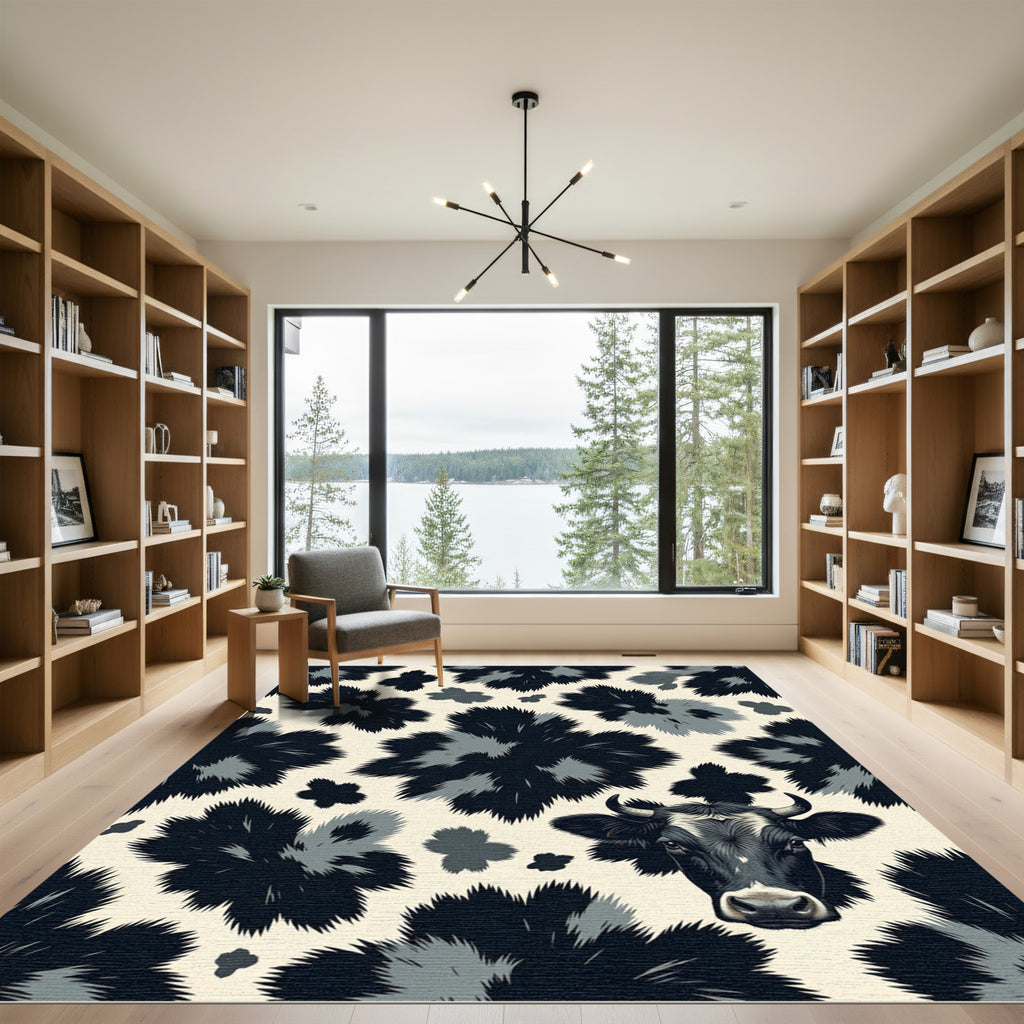 Abstract Black and White Cow Illustration Rug