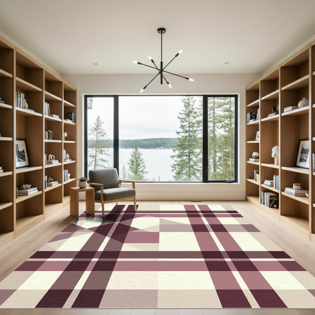 Crimson Mauve Plaid Geometric Overlay Rug
