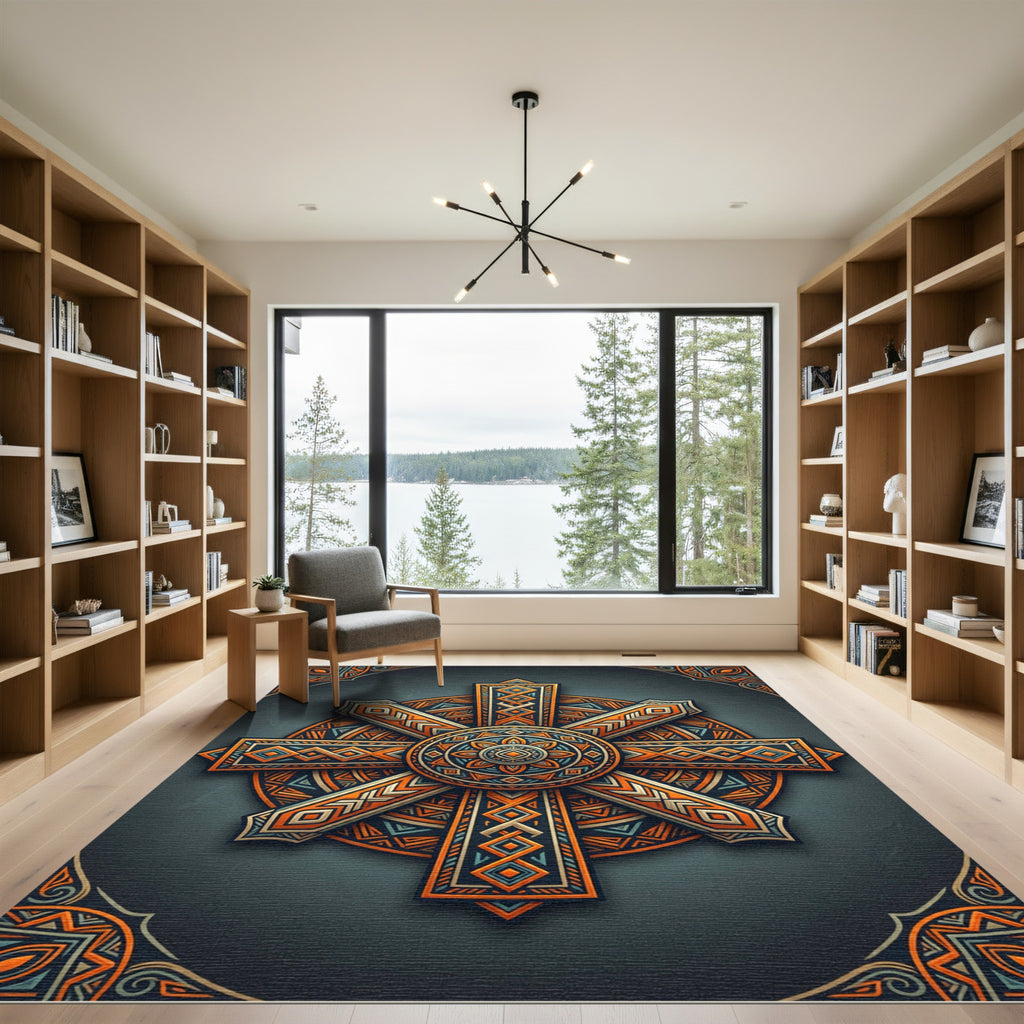 Geometric Amber Sun Radial Mandala Rug