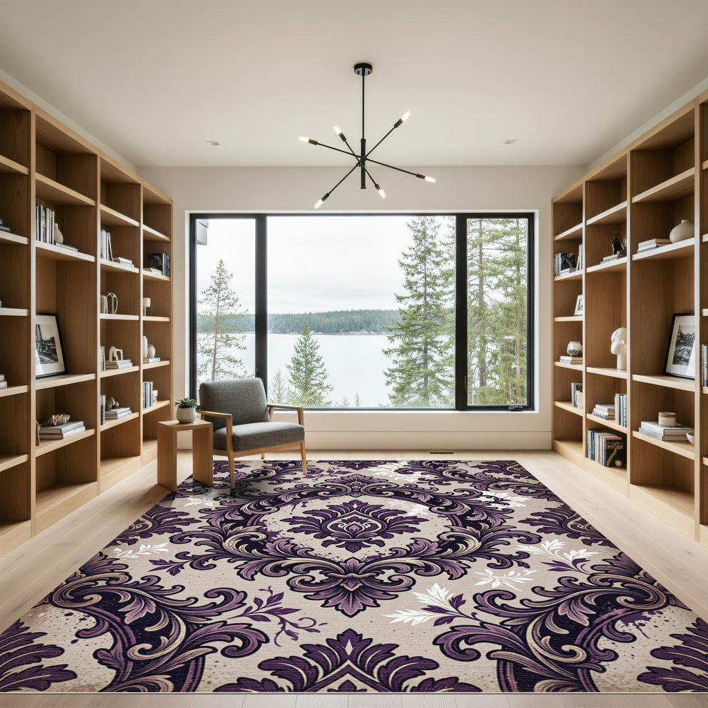 Rich Purple Damask Scrollwork Rug