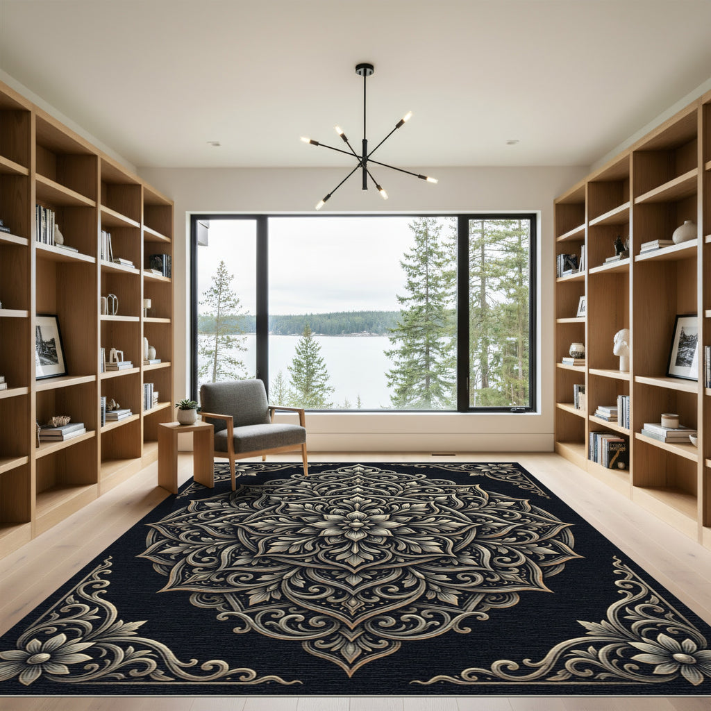 Ornate Silver Floral Mandala Medallion Rug