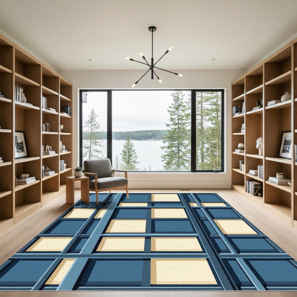 Deep Blue Grid Square Windows Rug