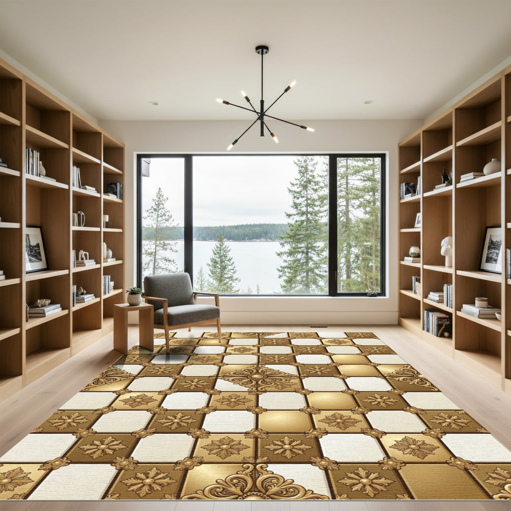 Ornate Gold Floral Checkerboard Rug