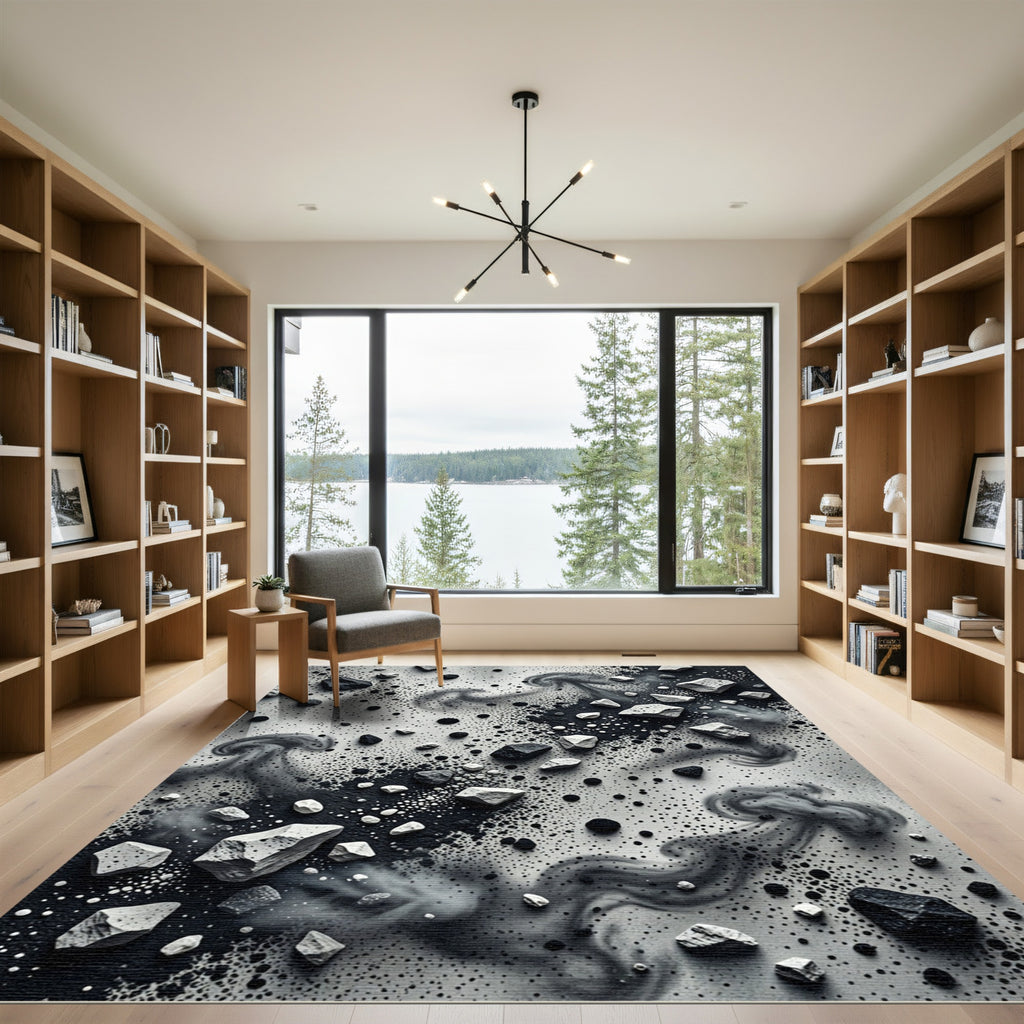 Monochrome Abstract Smoke and Stone Art Rug