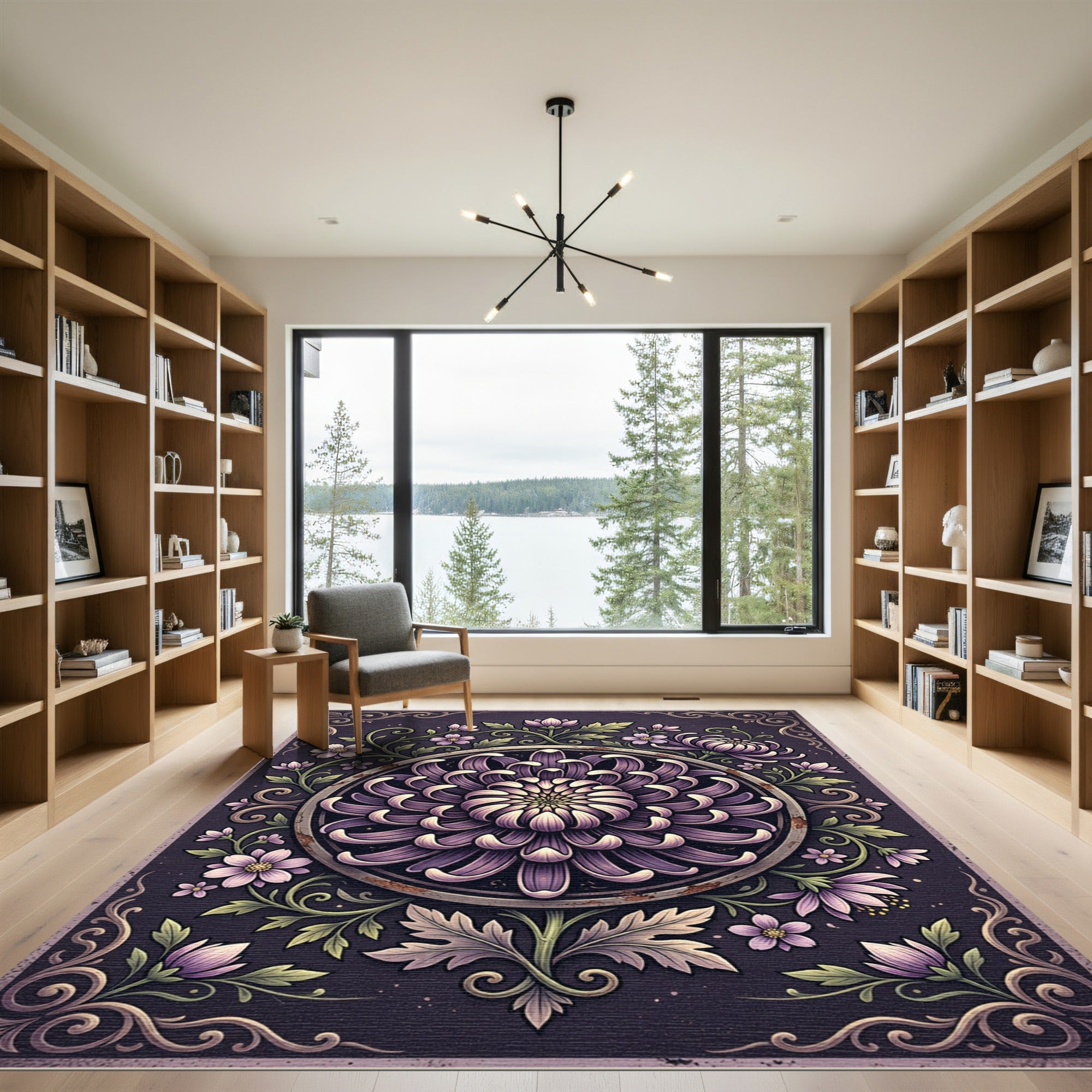 Elegant Violet Chrysanthemum Floral Medallion Rug