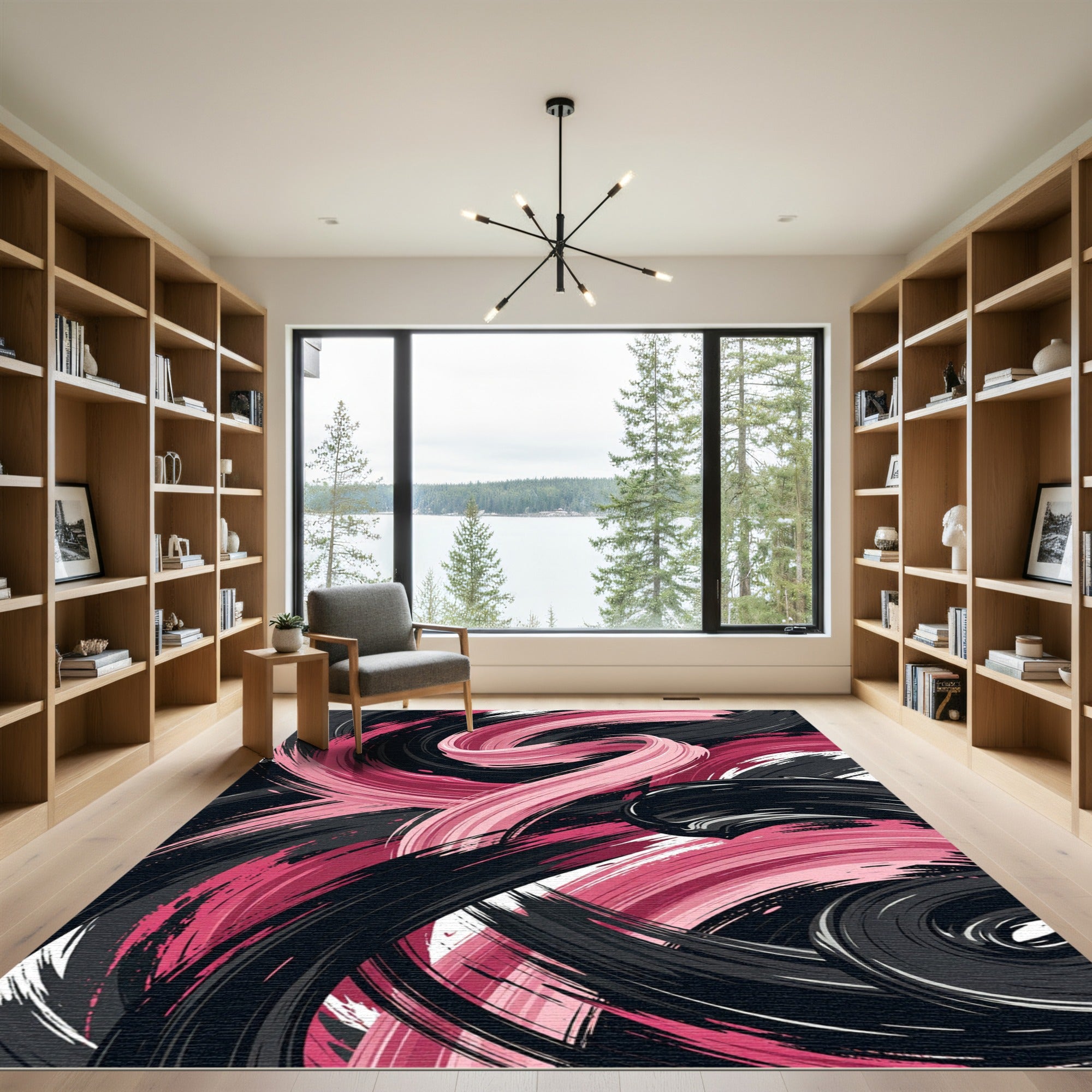 Bold Abstract Pink and Black Swirl Rug