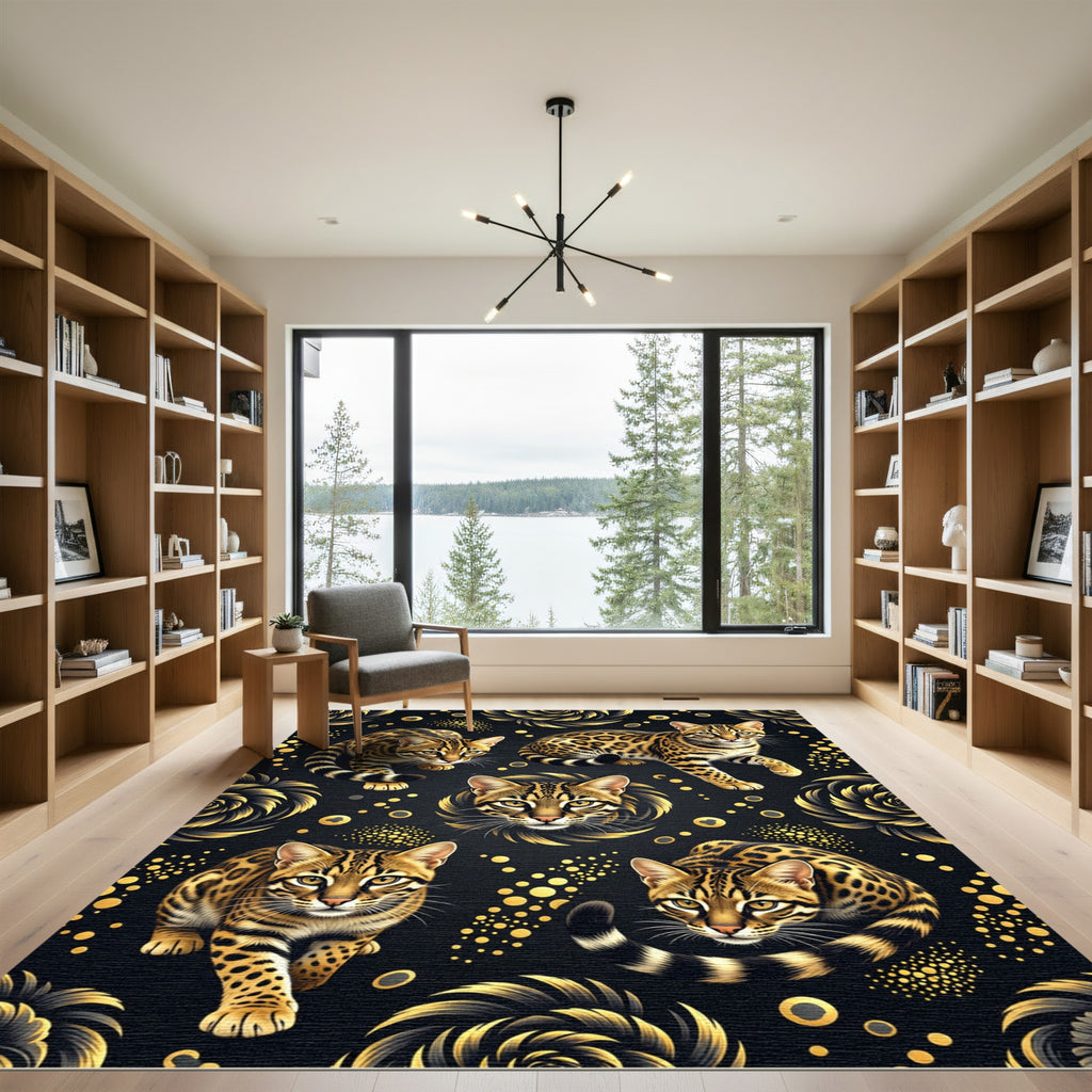 Elegant Leopard Cats Golden Floral Rug
