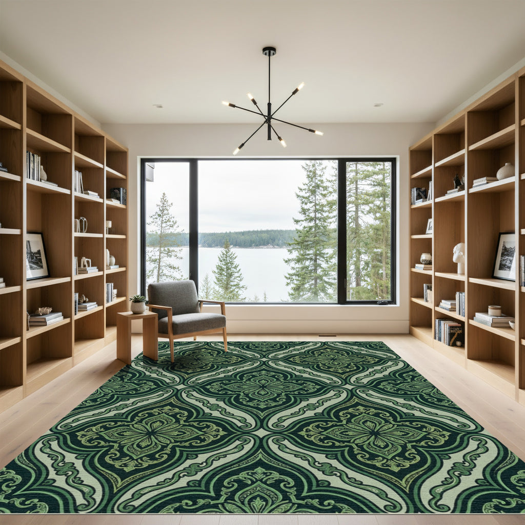 Earthy Green Palmette Arabesque Rug