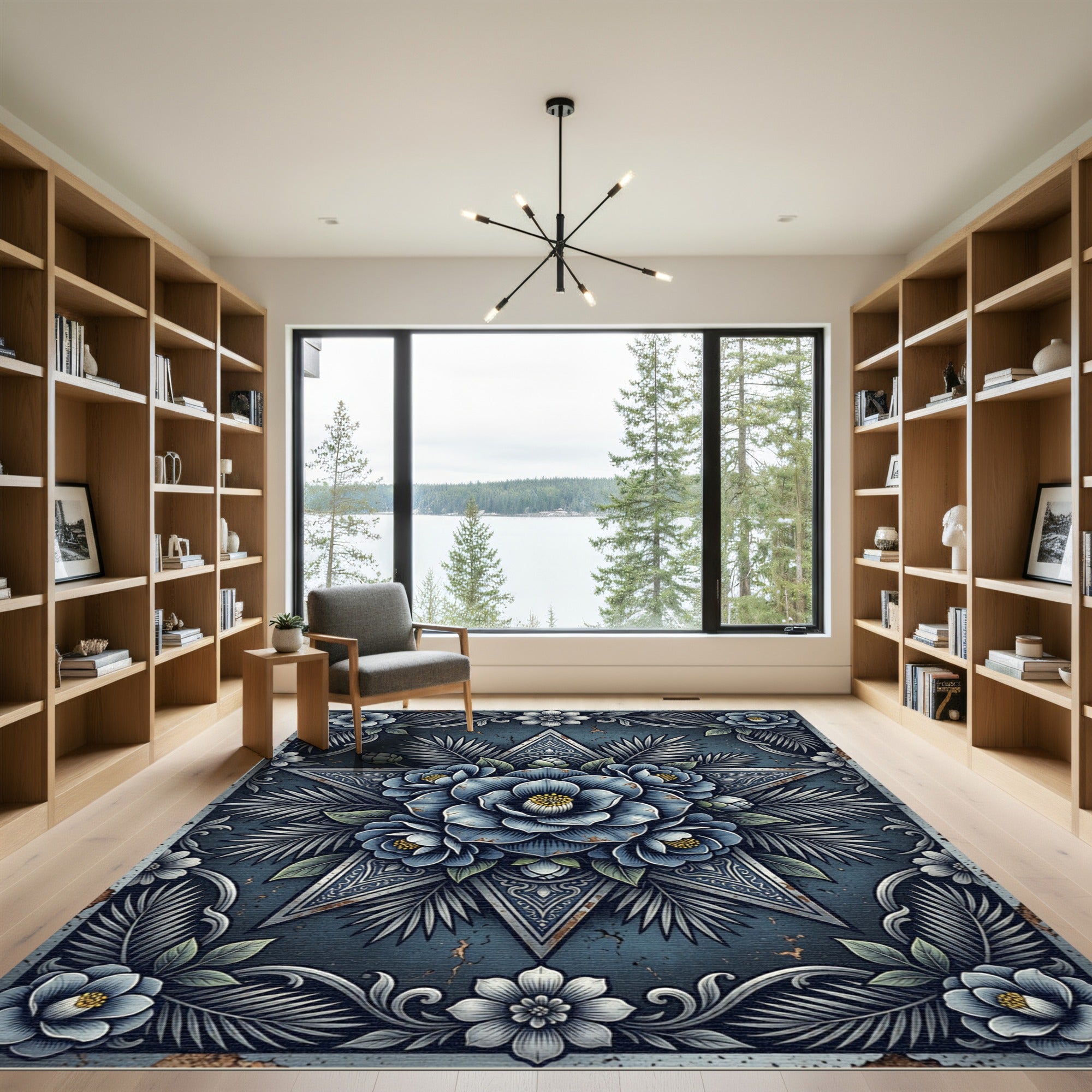 Midnight Blue Floral Star Medallion Rug