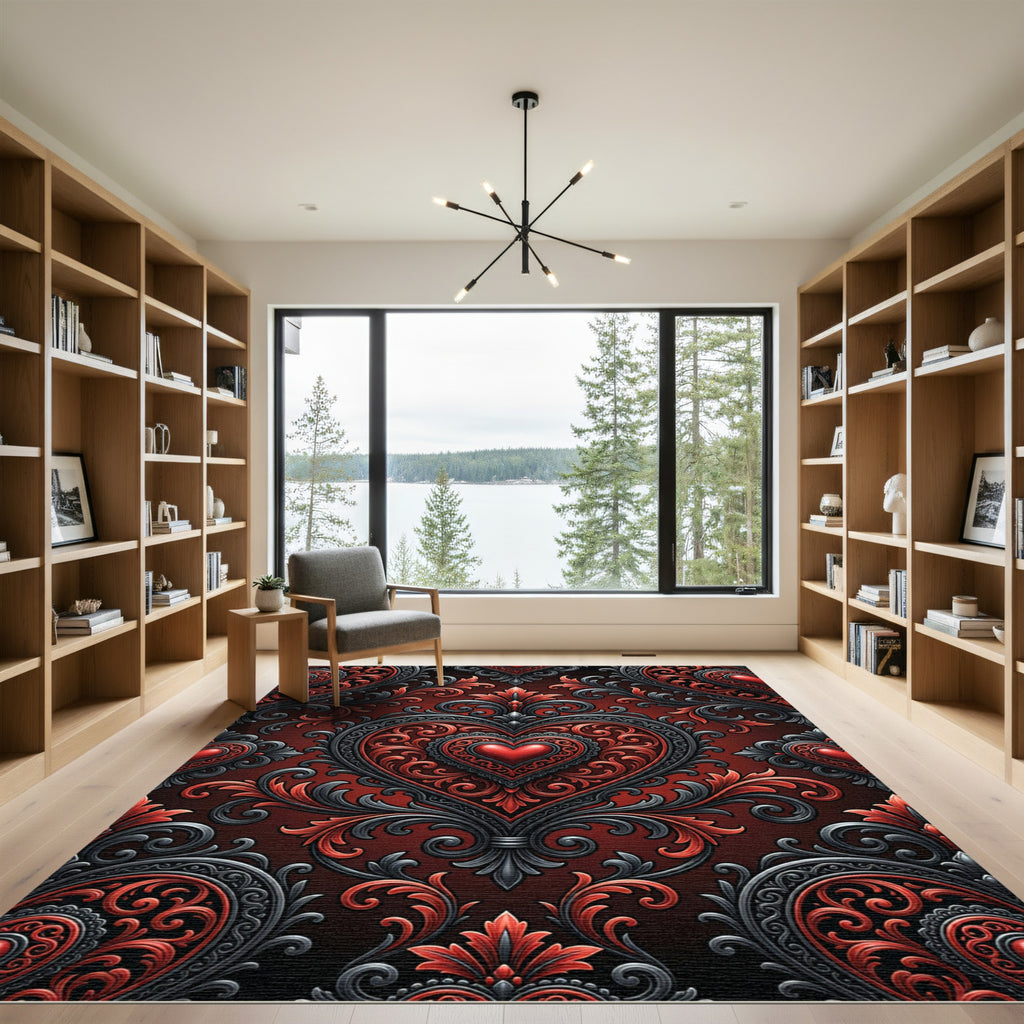 Ornate Red Black Heart Damask Rug