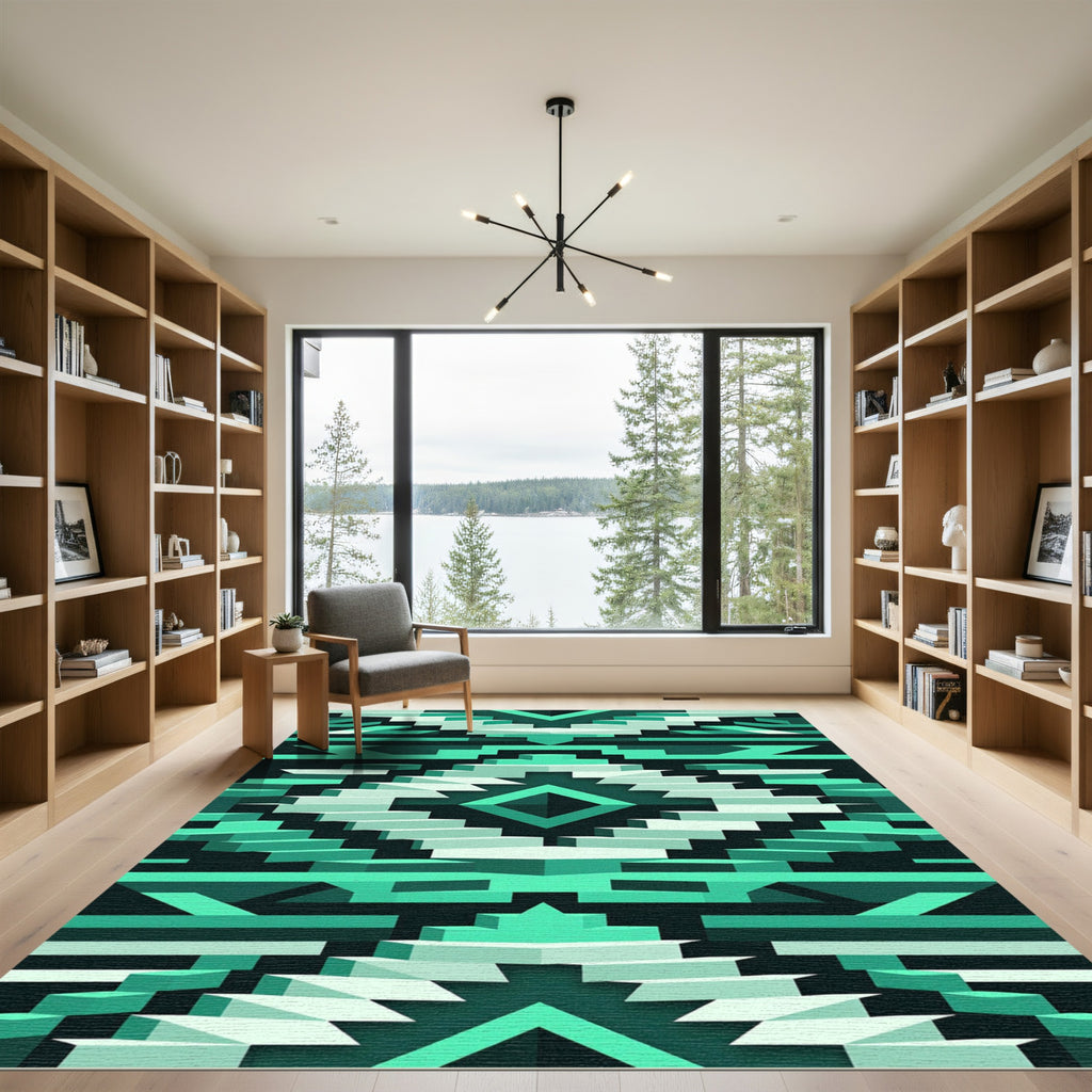 Teal Geometric Staircase Tribal Rug