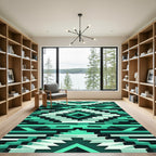 Teal Geometric Staircase Tribal Rug