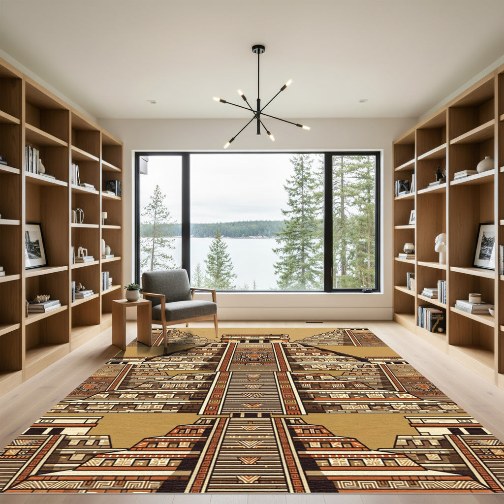 Ancient Temple Terracotta Geometric Layout Rug