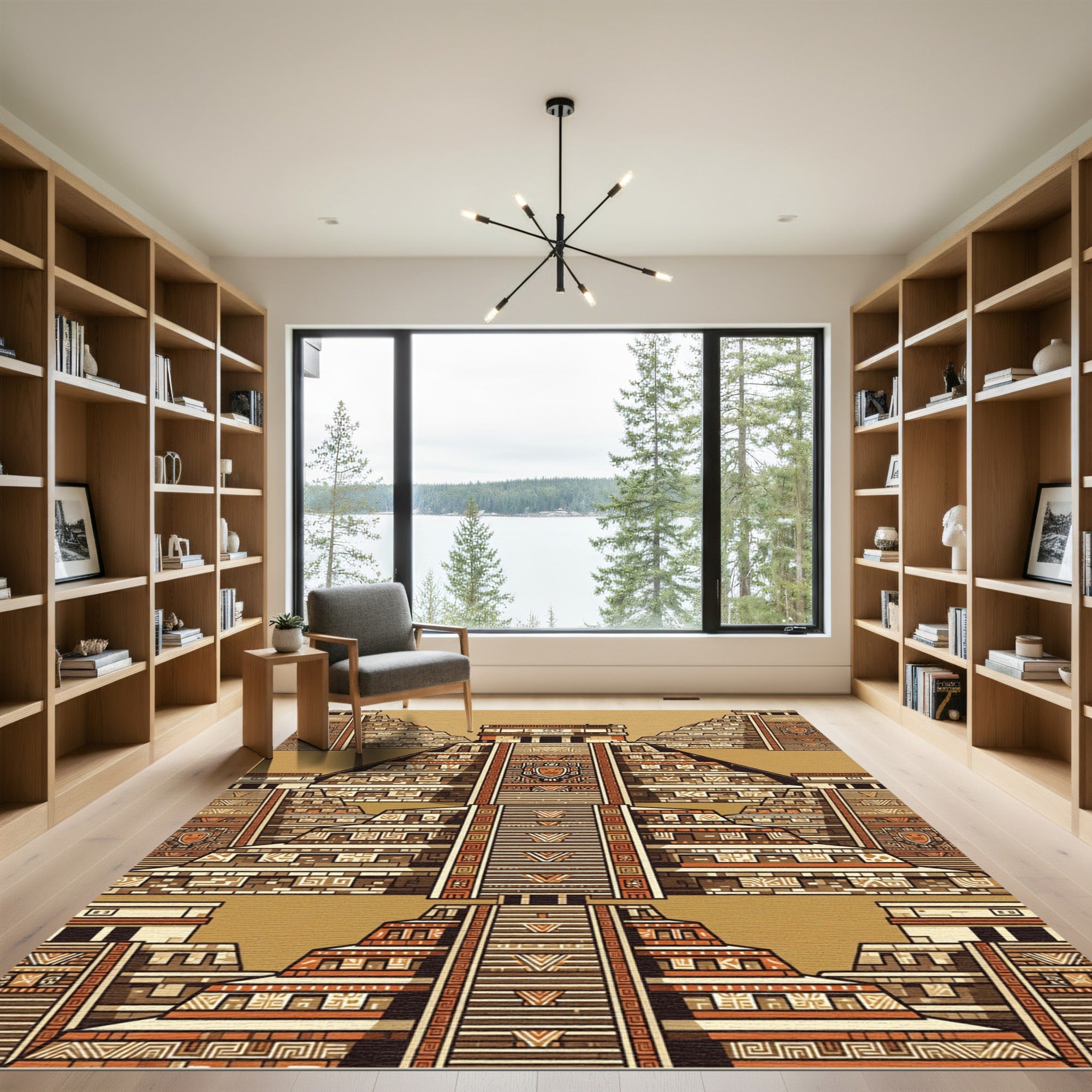 Ancient Temple Terracotta Geometric Layout Rug