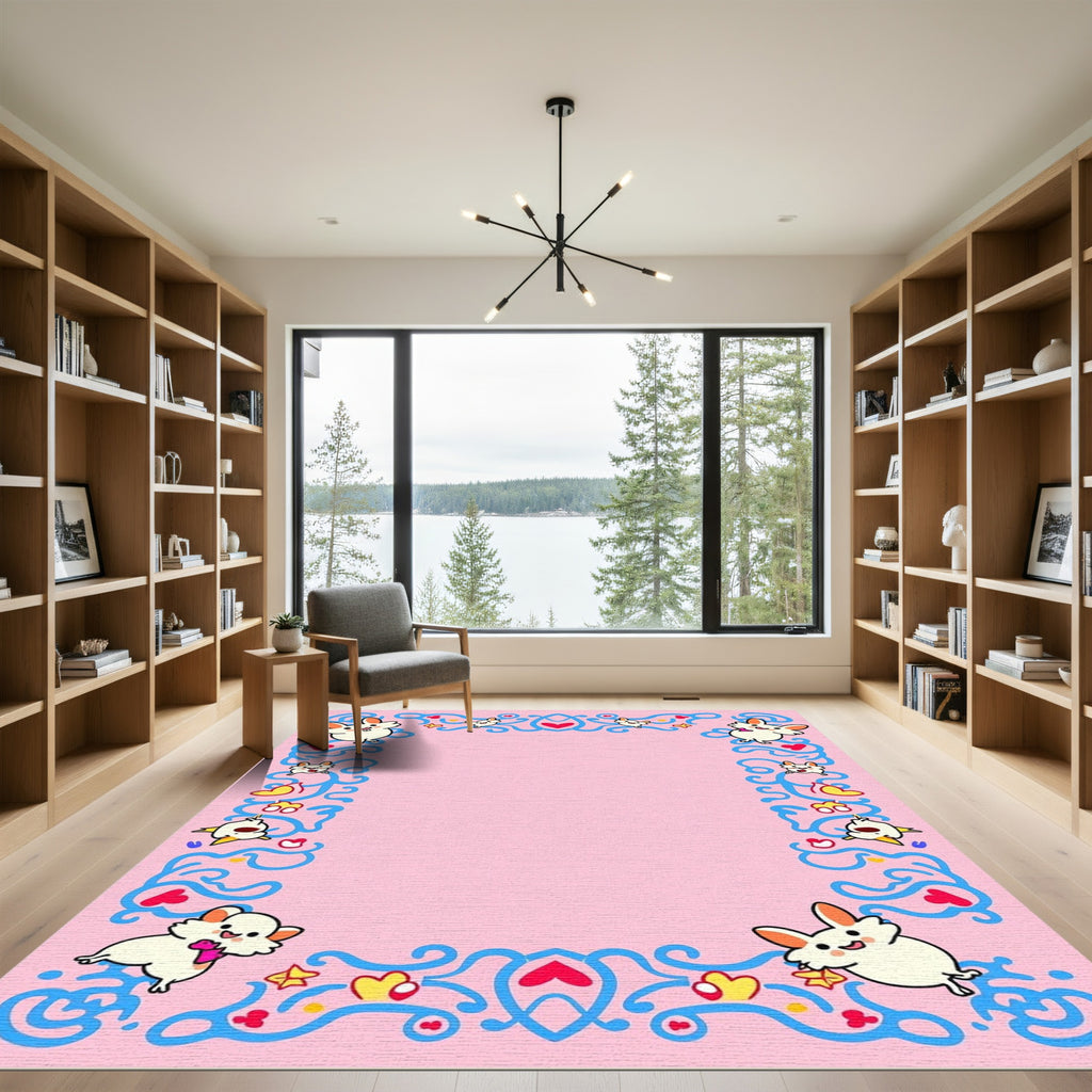 Whimsical Pink Bunny Heart Border Rug