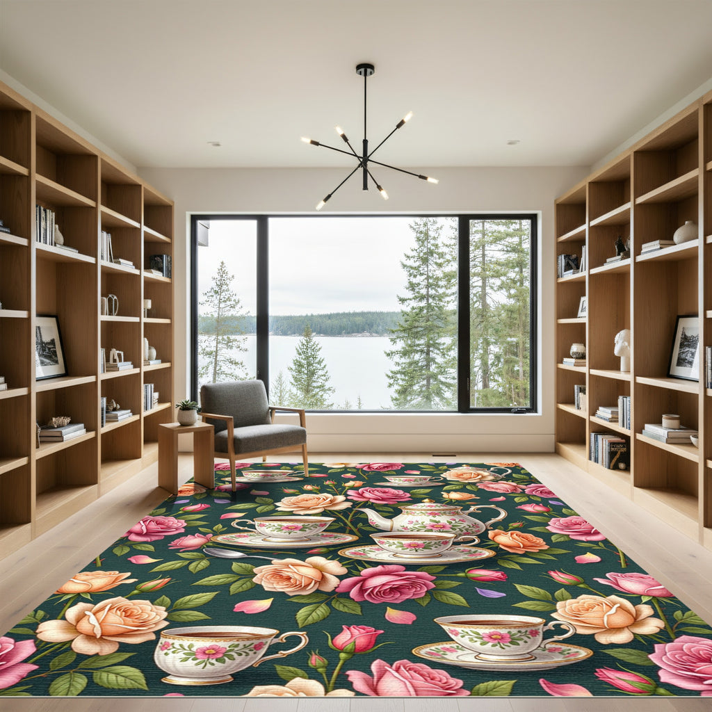 Tea Party Rose Botanical Forest Green Rug
