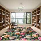 Tea Party Rose Botanical Forest Green Rug