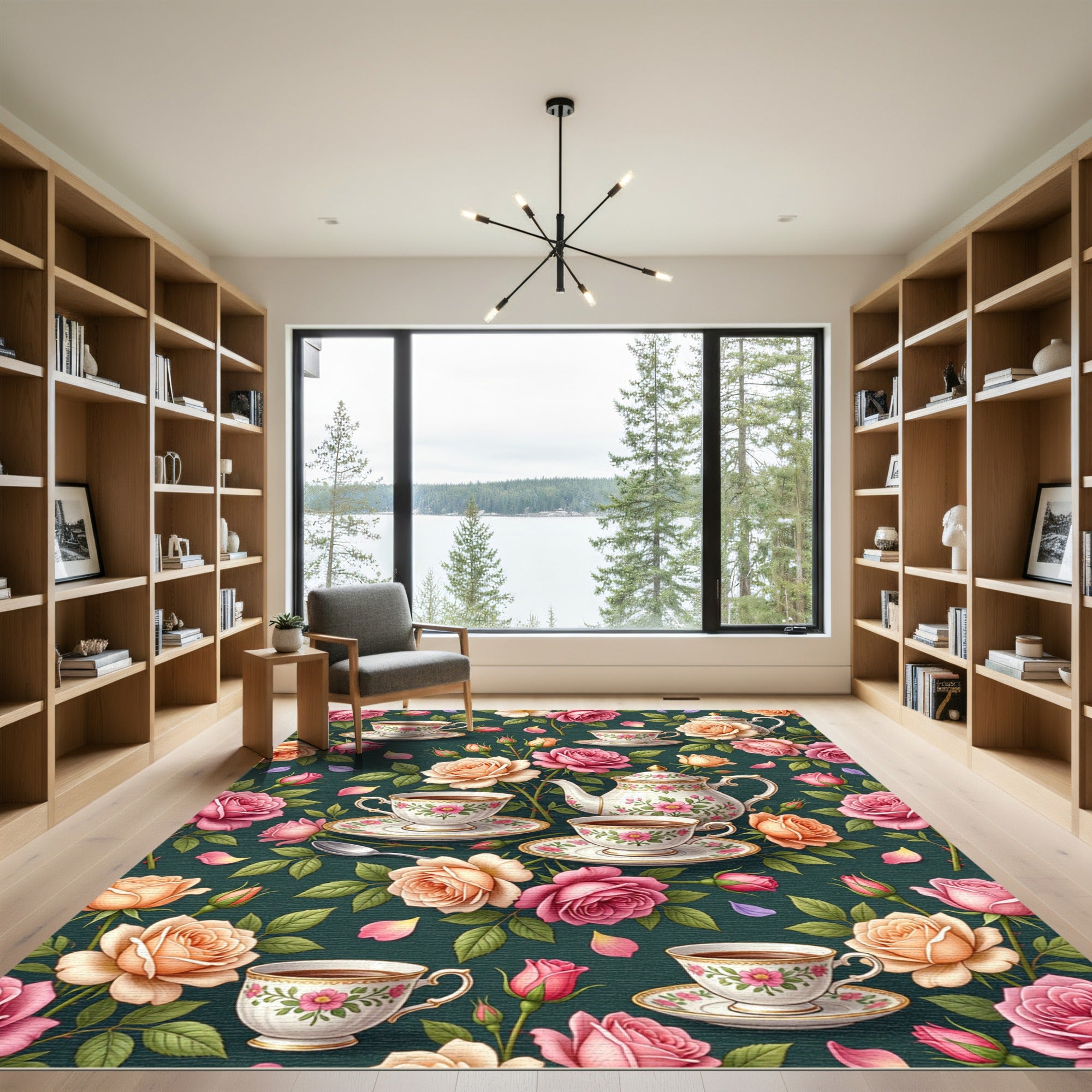Tea Party Rose Botanical Forest Green Rug