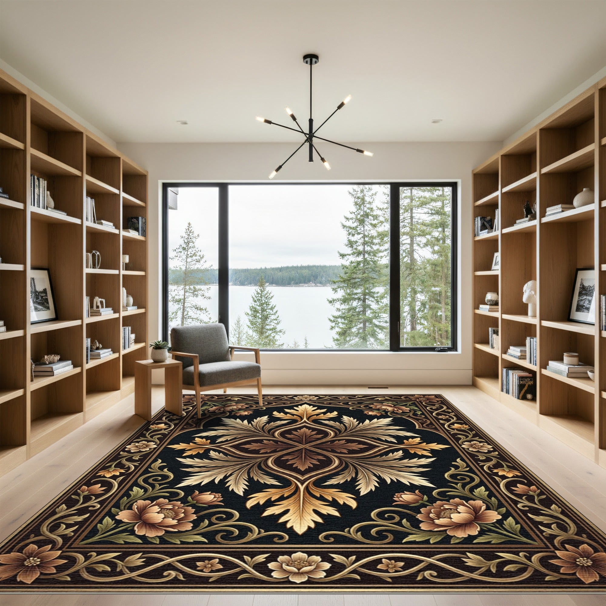 Ornate Gold Floral Symmetry Noir Rug