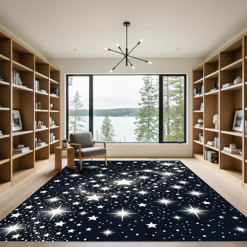 Cosmic White Stars Midnight Rug