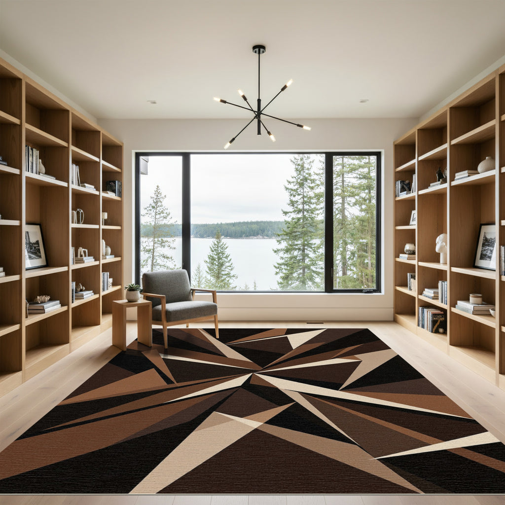Modern Brown Geometric Angular Abstract Rug