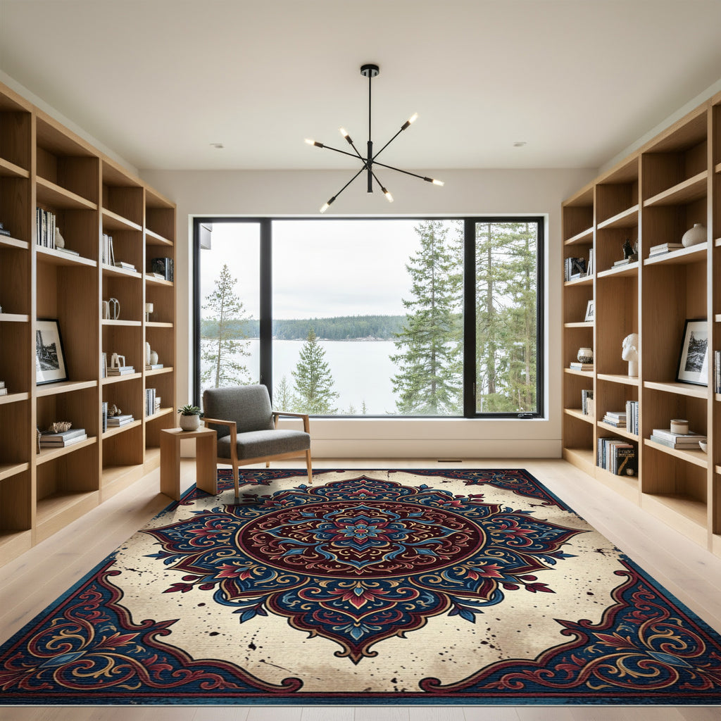 Deep Blue Crimson Floral Medallion Rug