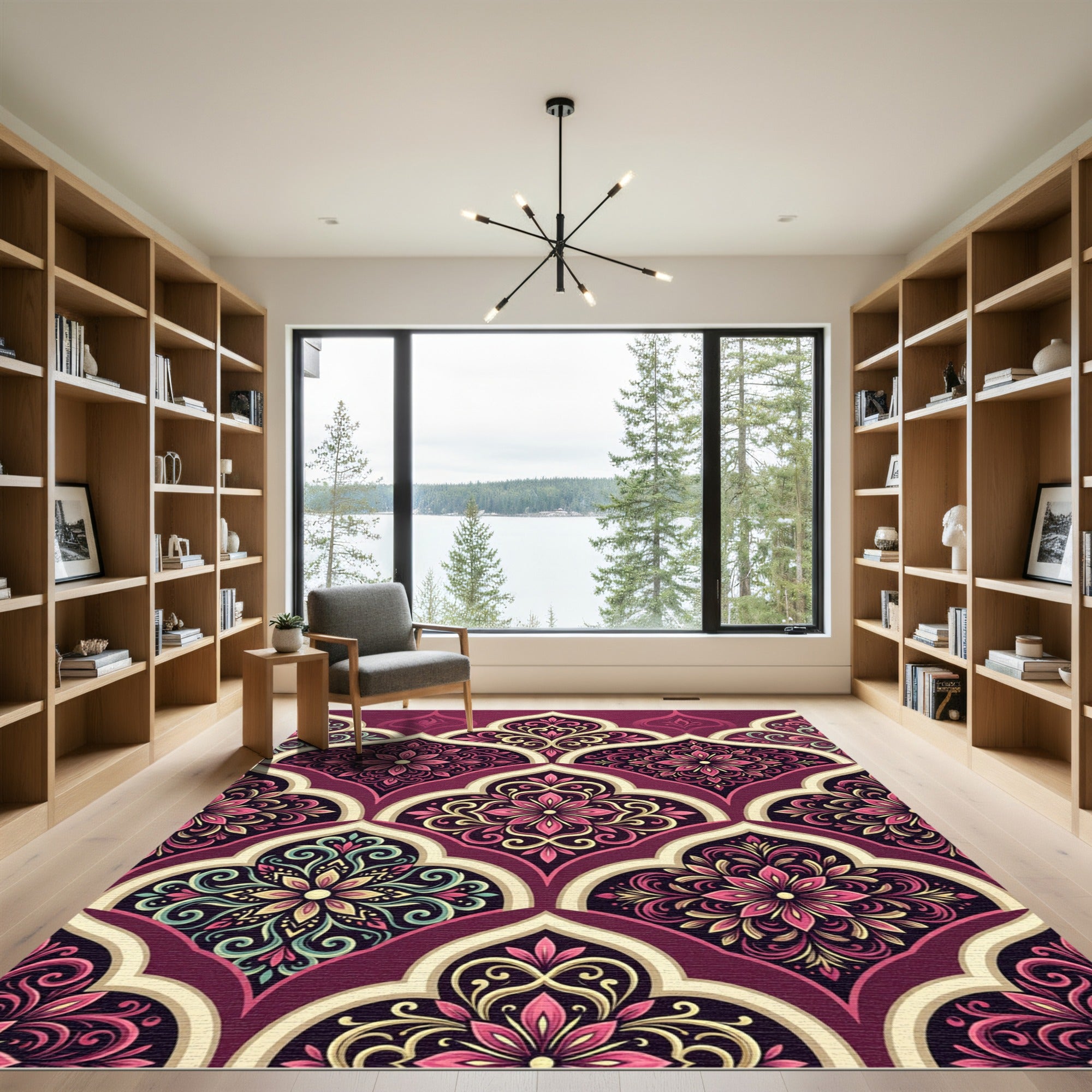 Burgundy Floral Damask Scalloped Medallion Rug