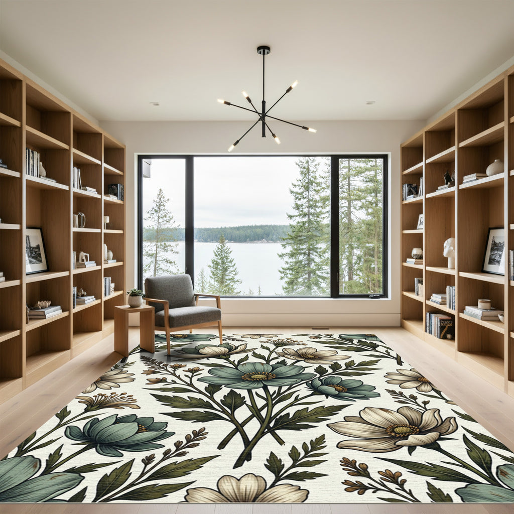 Sage and Cream Botanical Floral Arrangement Rug